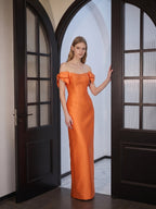 Orange Satin Sheath Straight Neck Back Zip Floor-Length Bridesmaid Dress with Bow - Curvevia
