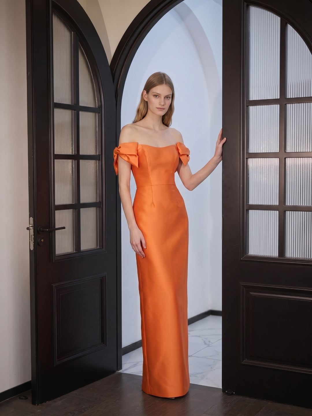 Orange Satin Sheath Straight Neck Back Zip Floor-Length Bridesmaid Dress with Bow - Curvevia