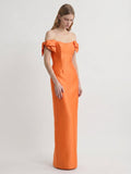 Orange Satin Sheath Straight Neck Back Zip Floor-Length Bridesmaid Dress with Bow - Curvevia
