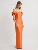 Orange Satin Sheath Straight Neck Back Zip Floor-Length Bridesmaid Dress with Bow - Curvevia