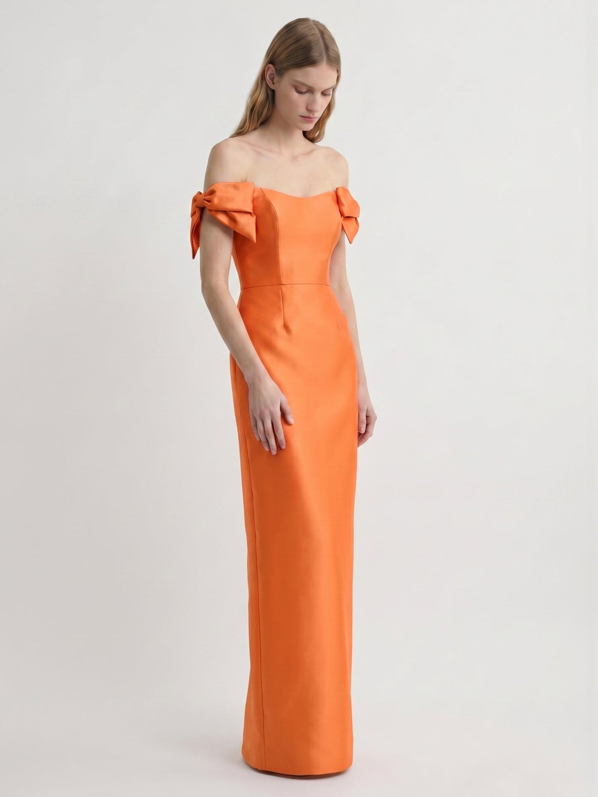 Orange Satin Sheath Straight Neck Back Zip Floor-Length Bridesmaid Dress with Bow - Curvevia