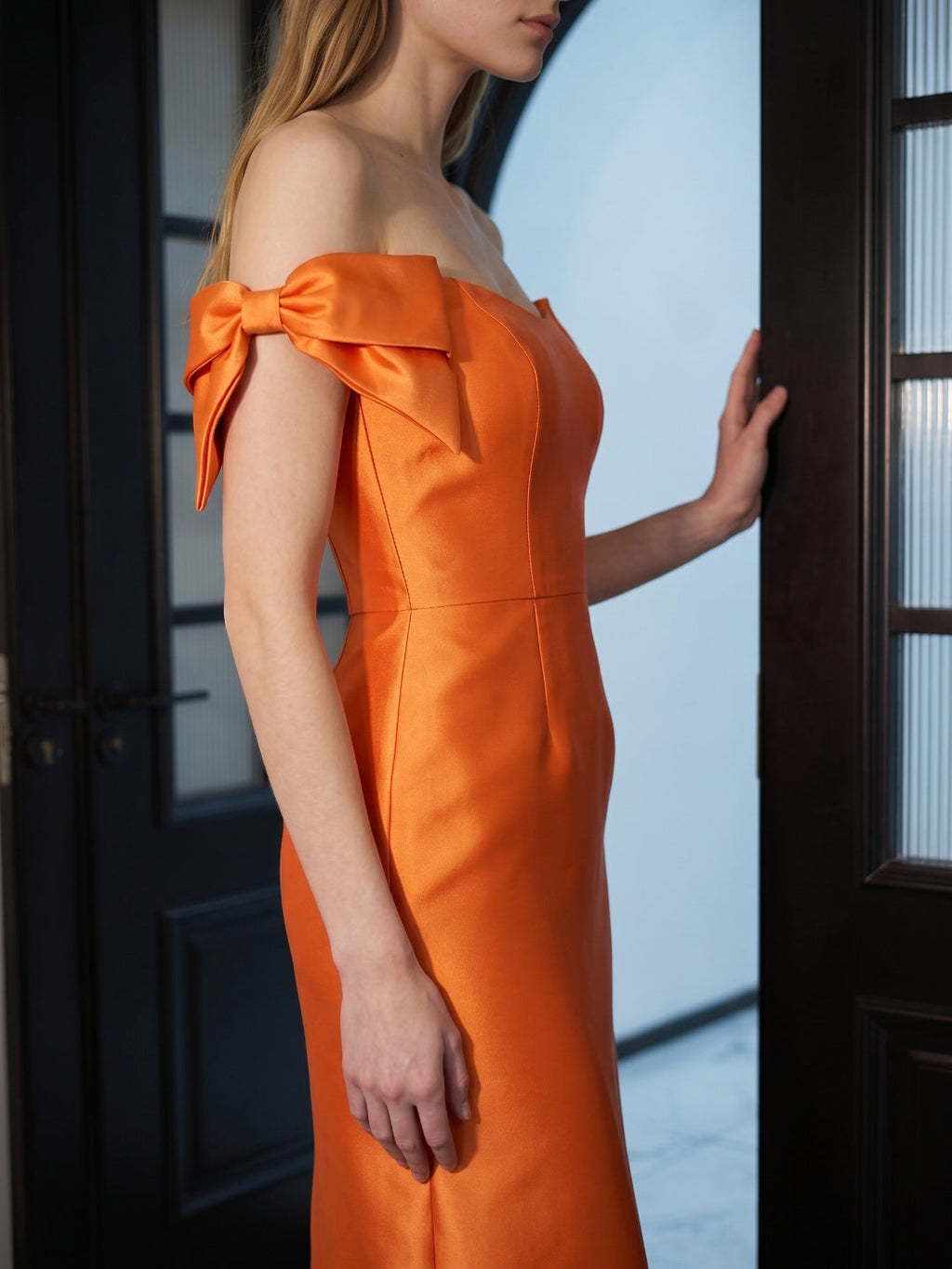 Orange Satin Sheath Straight Neck Back Zip Floor-Length Bridesmaid Dress with Bow - Curvevia