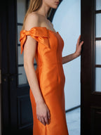 Orange Satin Sheath Straight Neck Back Zip Floor-Length Bridesmaid Dress with Bow - Curvevia