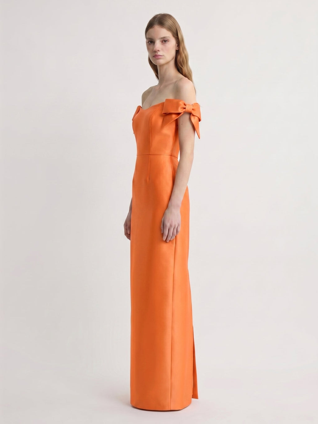Orange Satin Sheath Straight Neck Back Zip Floor-Length Bridesmaid Dress with Bow - Curvevia