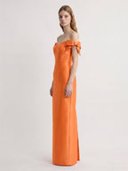 Orange Satin Sheath Straight Neck Back Zip Floor-Length Bridesmaid Dress with Bow - Curvevia