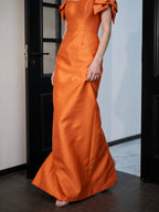 Orange Satin Sheath Straight Neck Back Zip Floor-Length Bridesmaid Dress with Bow - Curvevia