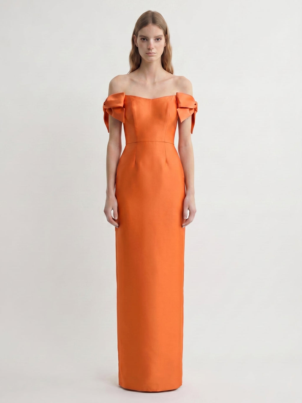 Orange Satin Sheath Straight Neck Back Zip Floor-Length Bridesmaid Dress with Bow - Curvevia