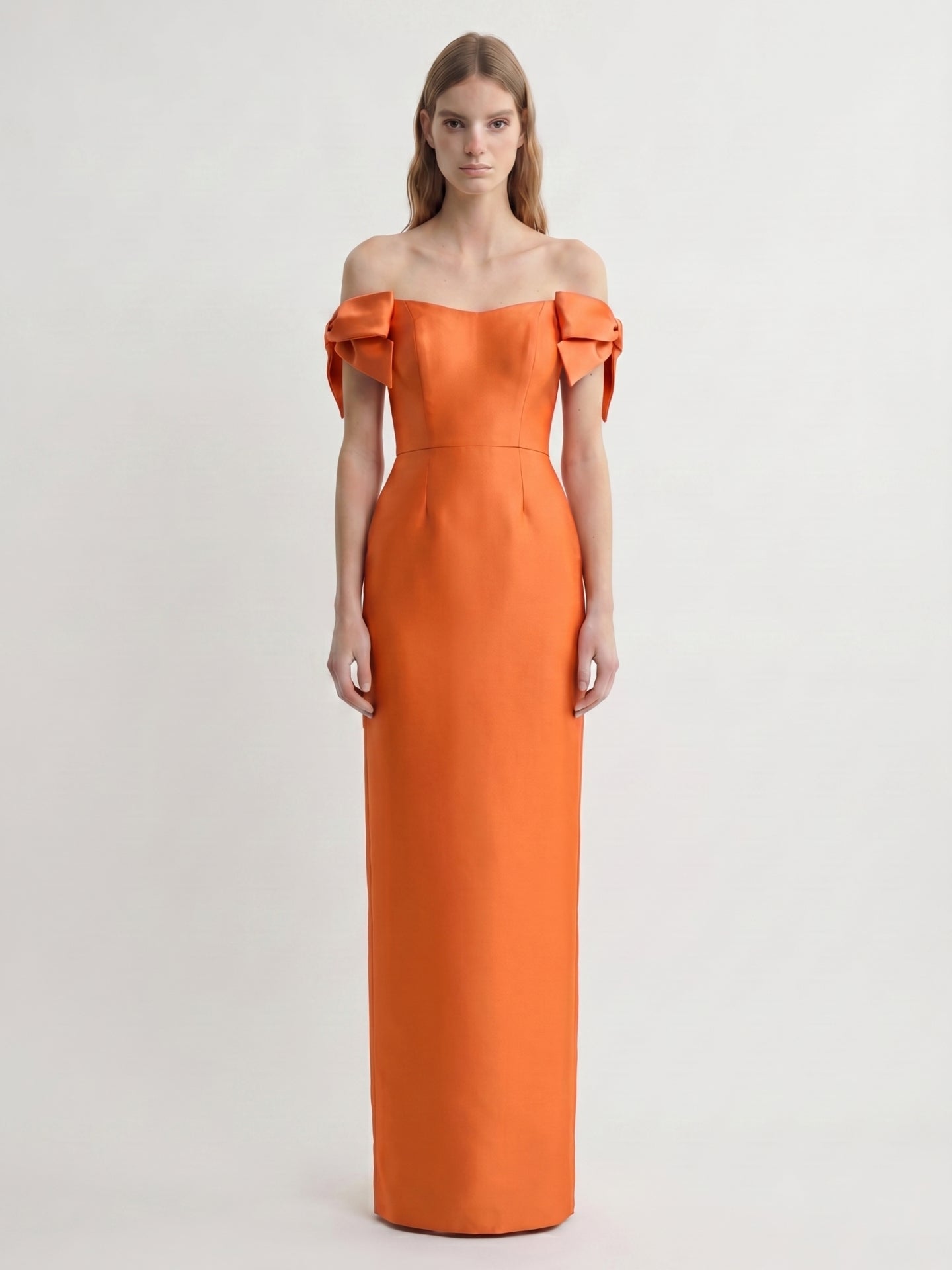 Orange Satin Sheath Straight Neck Back Zip Floor-Length Bridesmaid Dress with Bow - Curvevia