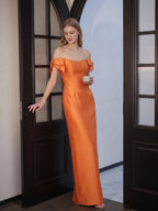 Orange Satin Sheath Straight Neck Back Zip Floor-Length Bridesmaid Dress with Bow - Curvevia
