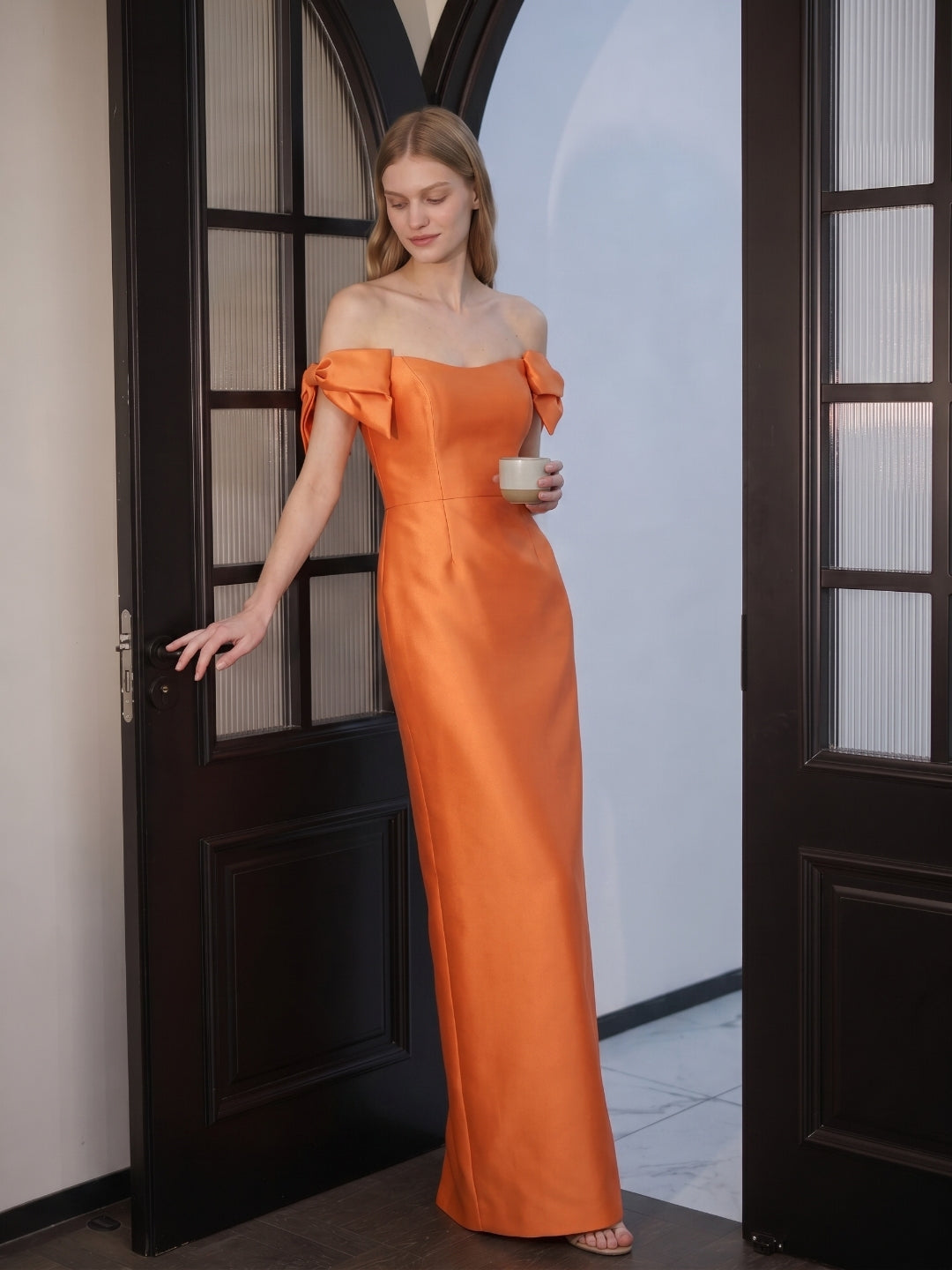 Orange Satin Sheath Straight Neck Back Zip Floor-Length Bridesmaid Dress with Bow - Curvevia
