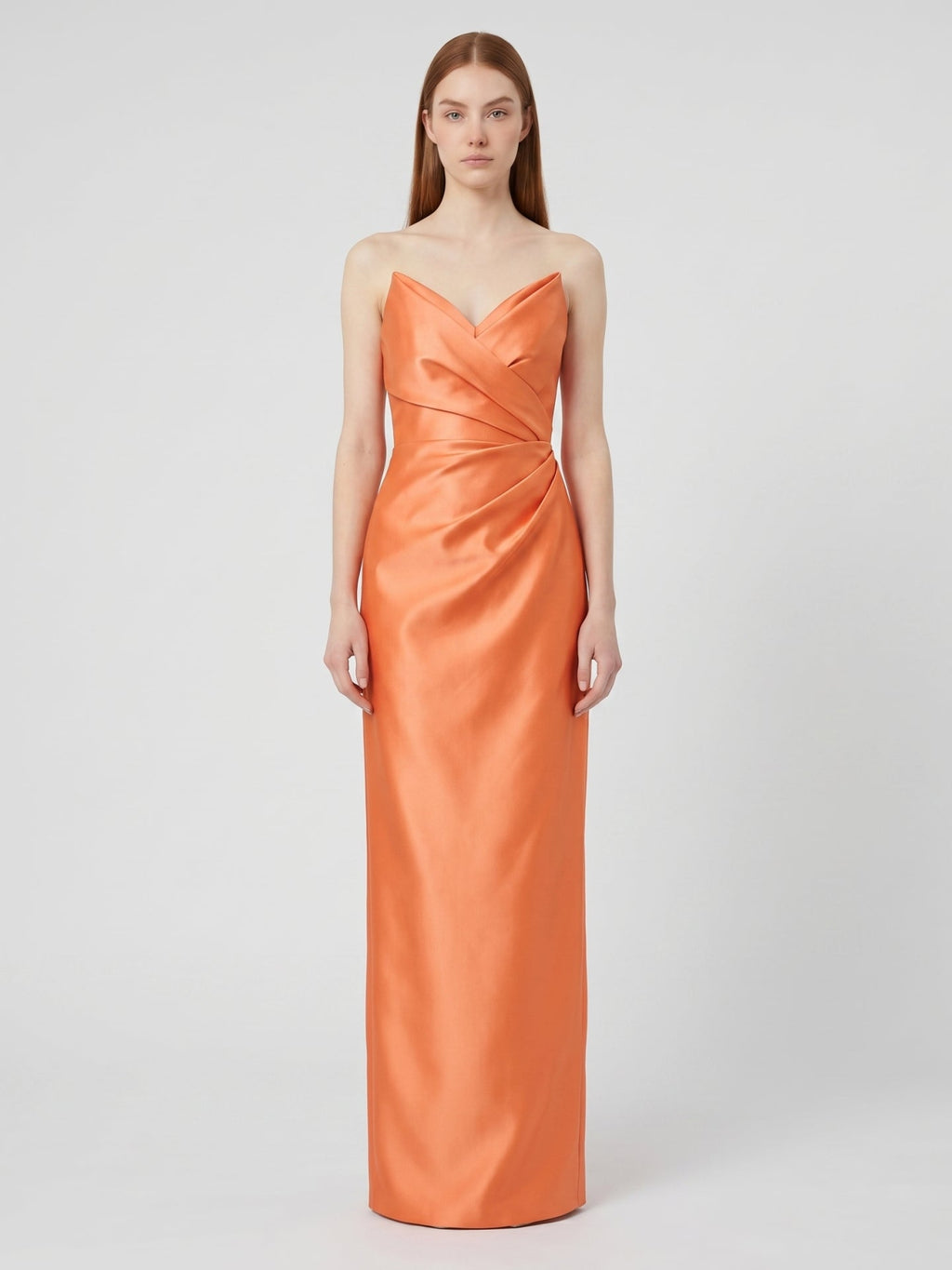 Orange Satin Sheath Straight Neck Back Zip Floor-Length Bridesmaid Dress with Pleats - Curvevia
