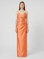 Orange Satin Sheath Straight Neck Back Zip Floor-Length Bridesmaid Dress with Pleats - Curvevia