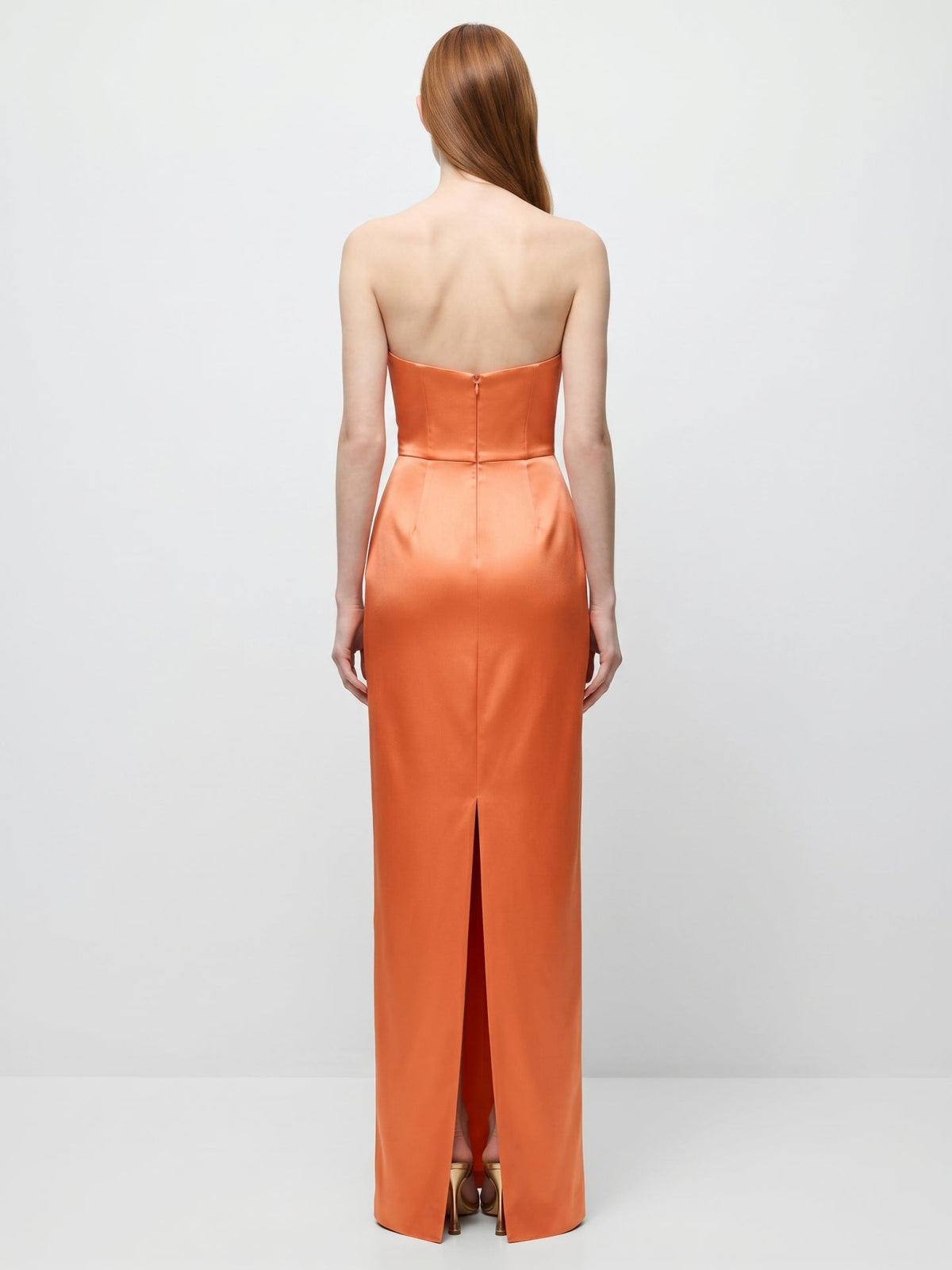 Orange Satin Sheath Straight Neck Back Zip Floor-Length Bridesmaid Dress with Pleats - Curvevia