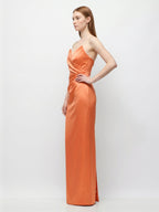 Orange Satin Sheath Straight Neck Back Zip Floor-Length Bridesmaid Dress with Pleats - Curvevia