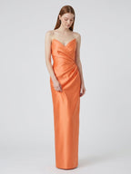 Orange Satin Sheath Straight Neck Back Zip Floor-Length Bridesmaid Dress with Pleats - Curvevia