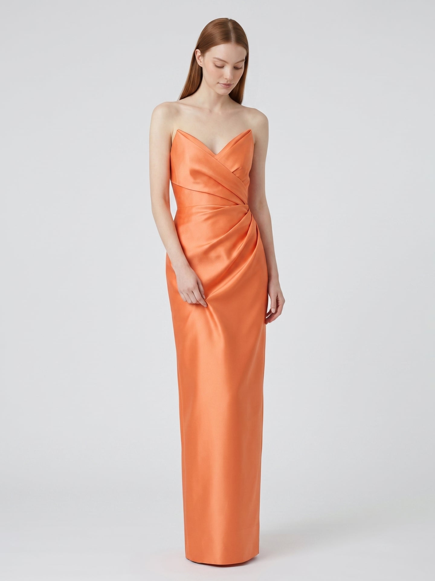Orange Satin Sheath Straight Neck Back Zip Floor-Length Bridesmaid Dress with Pleats - Curvevia