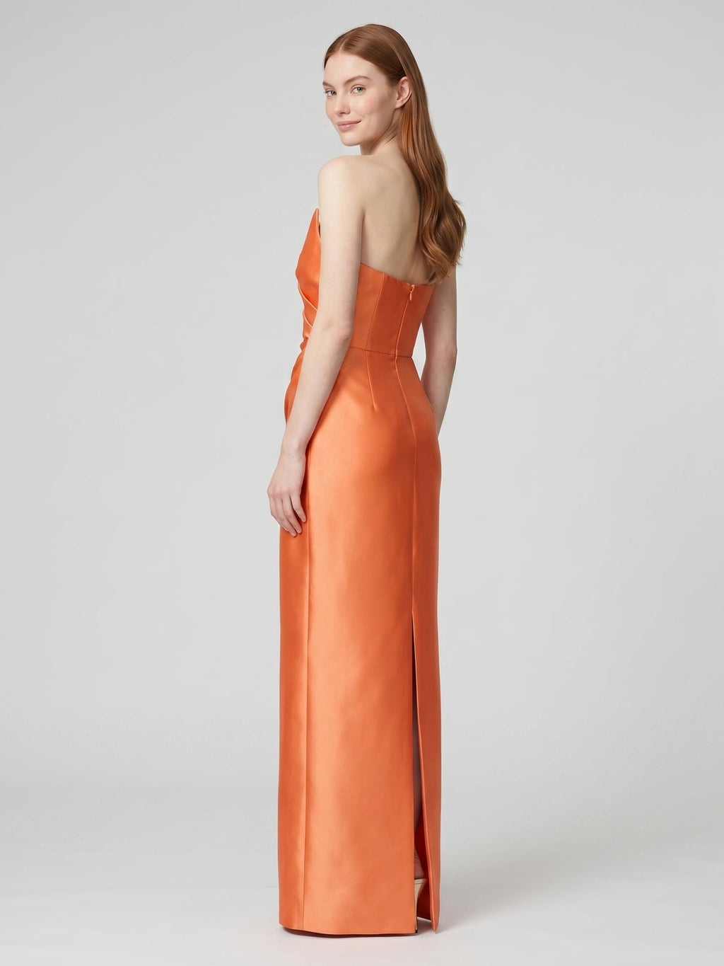 Orange Satin Sheath Straight Neck Back Zip Floor-Length Bridesmaid Dress with Pleats - Curvevia