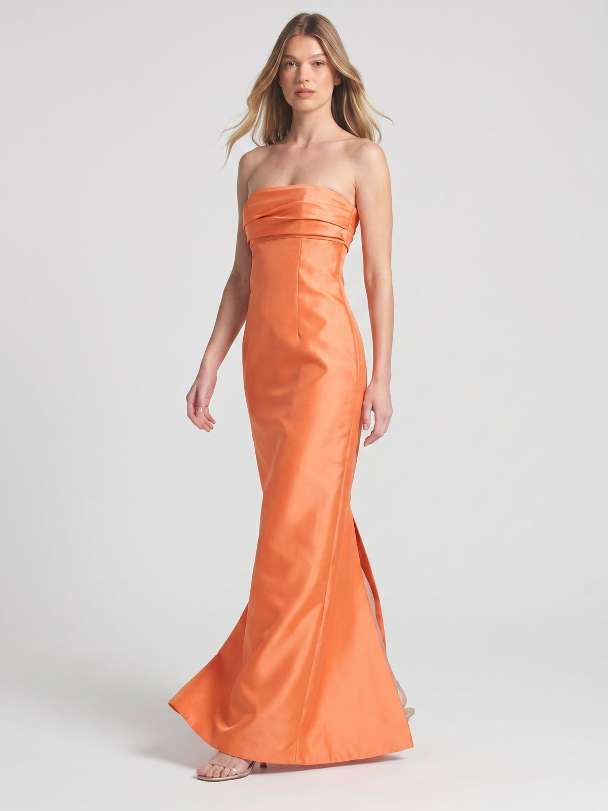 Orange Satin Sheath Straight Neck Backless Floor-Length Bridesmaid Dress with Pleats - Curvevia