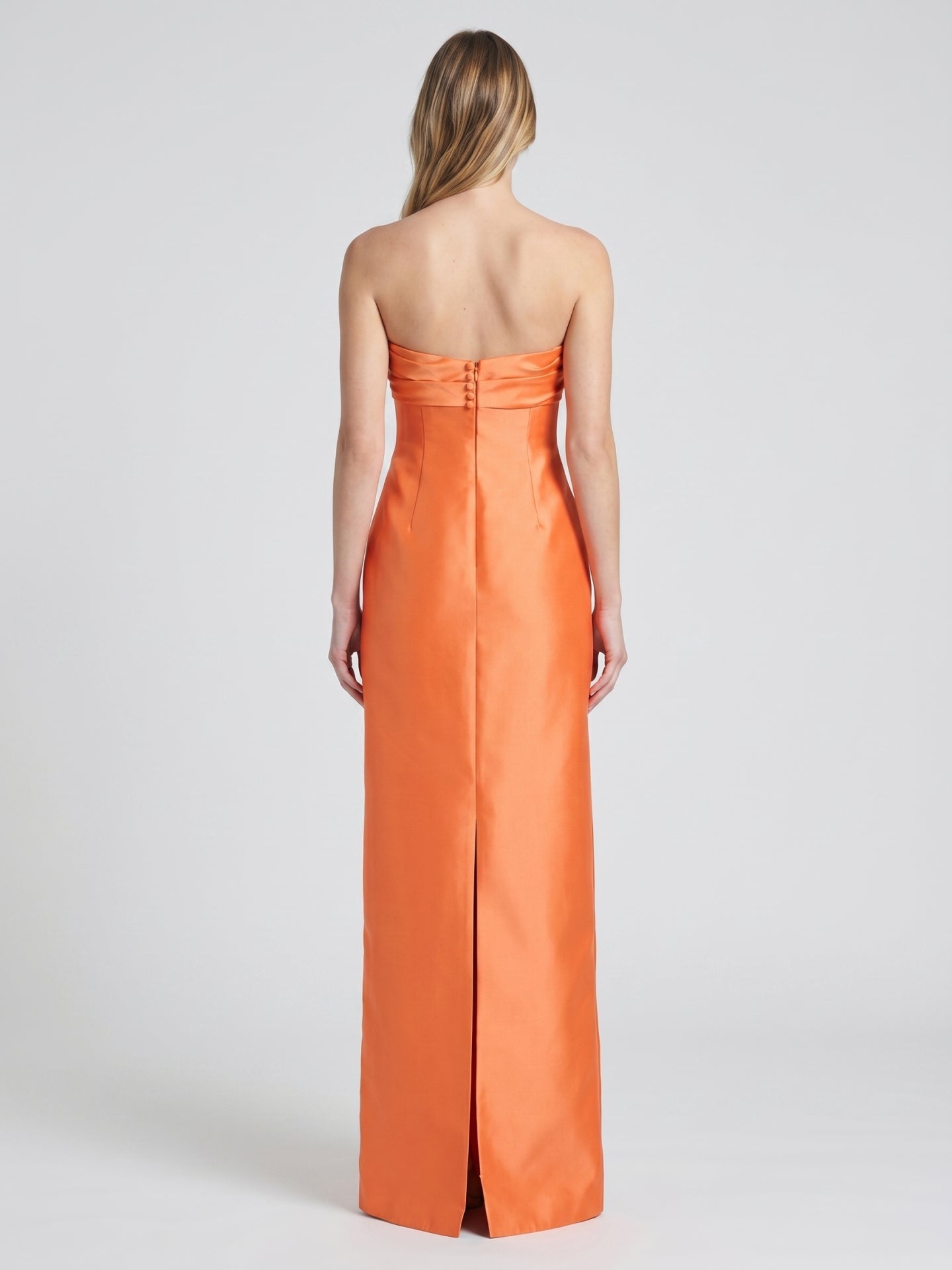 Orange Satin Sheath Straight Neck Backless Floor-Length Bridesmaid Dress with Pleats - Curvevia