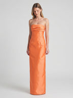 Orange Satin Sheath Straight Neck Backless Floor-Length Bridesmaid Dress with Pleats - Curvevia