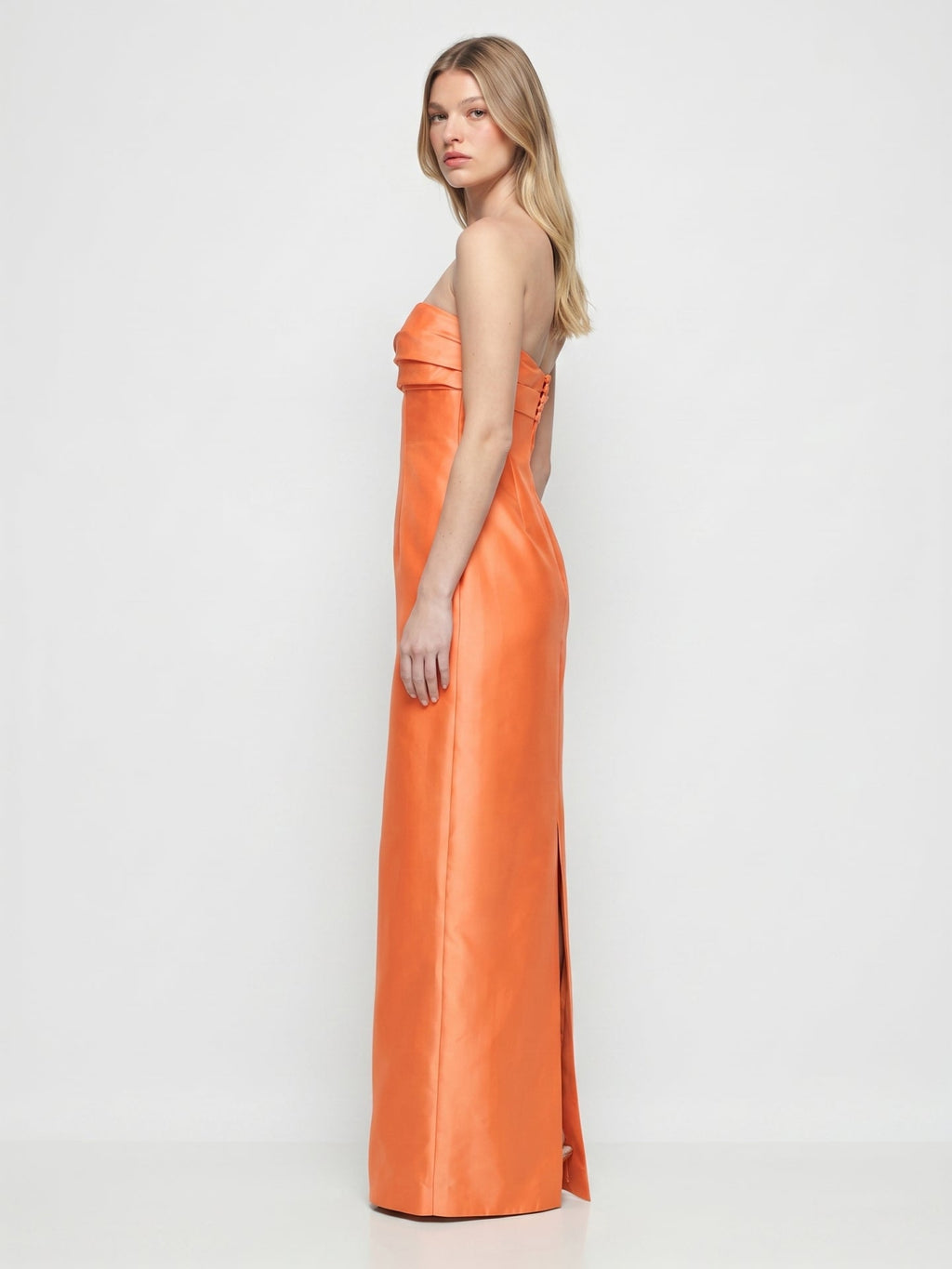 Orange Satin Sheath Straight Neck Backless Floor-Length Bridesmaid Dress with Pleats - Curvevia