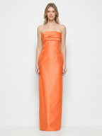 Orange Satin Sheath Straight Neck Backless Floor-Length Bridesmaid Dress with Pleats - Curvevia