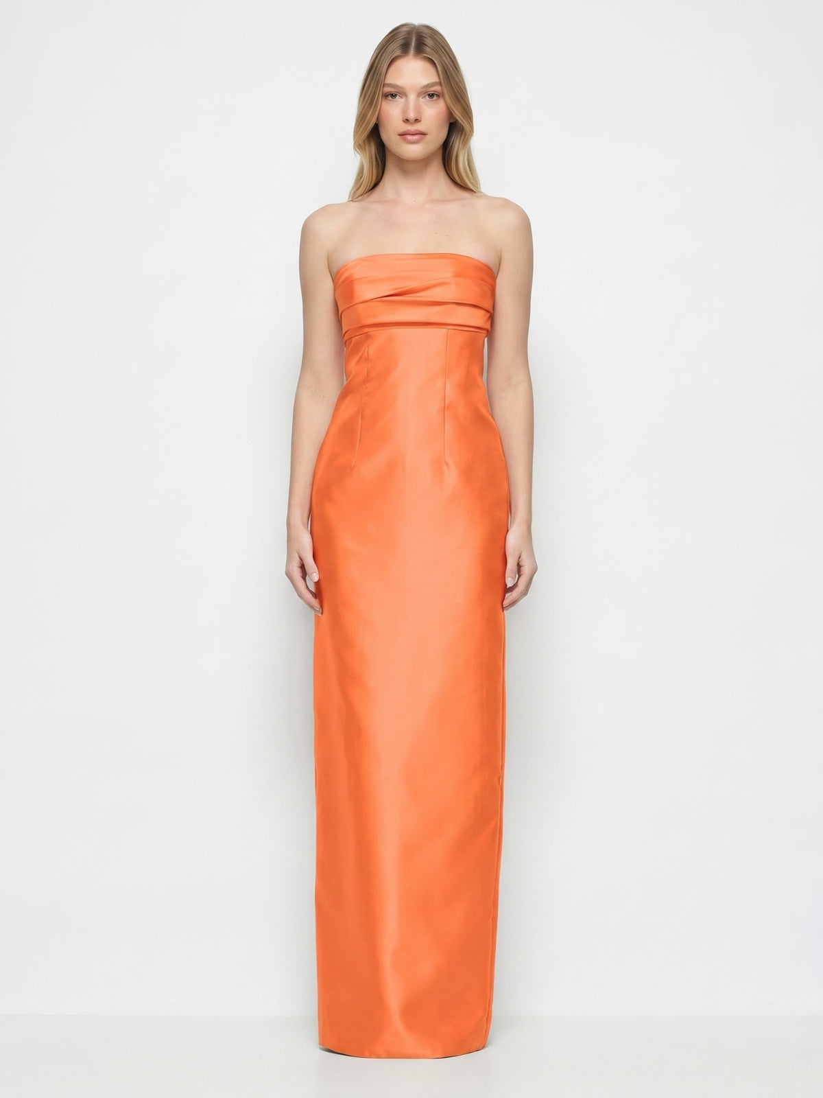 Orange Satin Sheath Straight Neck Backless Floor-Length Bridesmaid Dress with Pleats - Curvevia