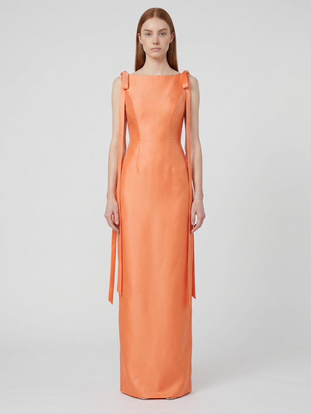 Orange Satin Sheath Straight Neck V-Back Floor-Length Bridesmaid Dress with Bow - Curvevia