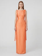 Orange Satin Sheath Straight Neck V-Back Floor-Length Bridesmaid Dress with Bow - Curvevia