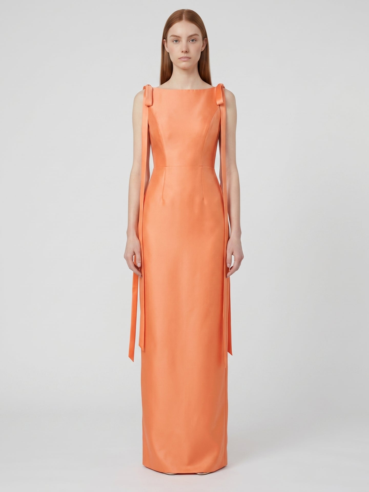 Orange Satin Sheath Straight Neck V-Back Floor-Length Bridesmaid Dress with Bow - Curvevia