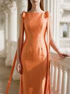 Orange Satin Sheath Straight Neck V-Back Floor-Length Bridesmaid Dress with Bow - Curvevia