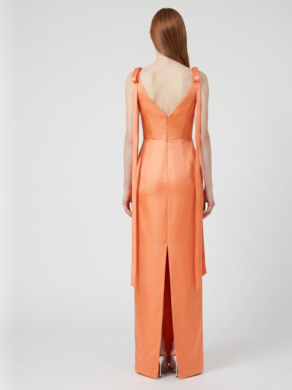Orange Satin Sheath Straight Neck V-Back Floor-Length Bridesmaid Dress with Bow - Curvevia