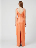 Orange Satin Sheath Straight Neck V-Back Floor-Length Bridesmaid Dress with Bow - Curvevia