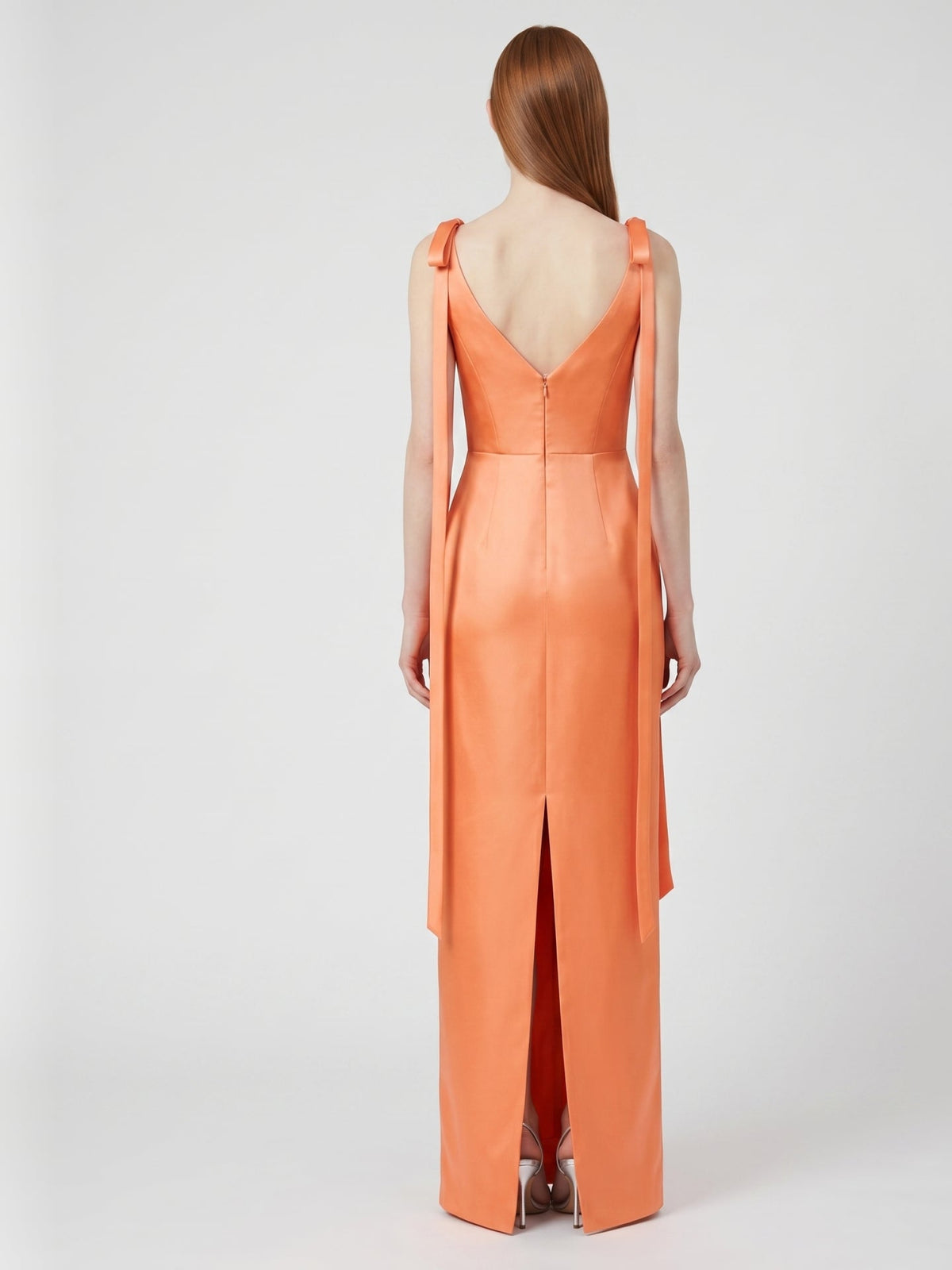 Orange Satin Sheath Straight Neck V-Back Floor-Length Bridesmaid Dress with Bow - Curvevia