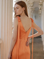Orange Satin Sheath Straight Neck V-Back Floor-Length Bridesmaid Dress with Bow - Curvevia