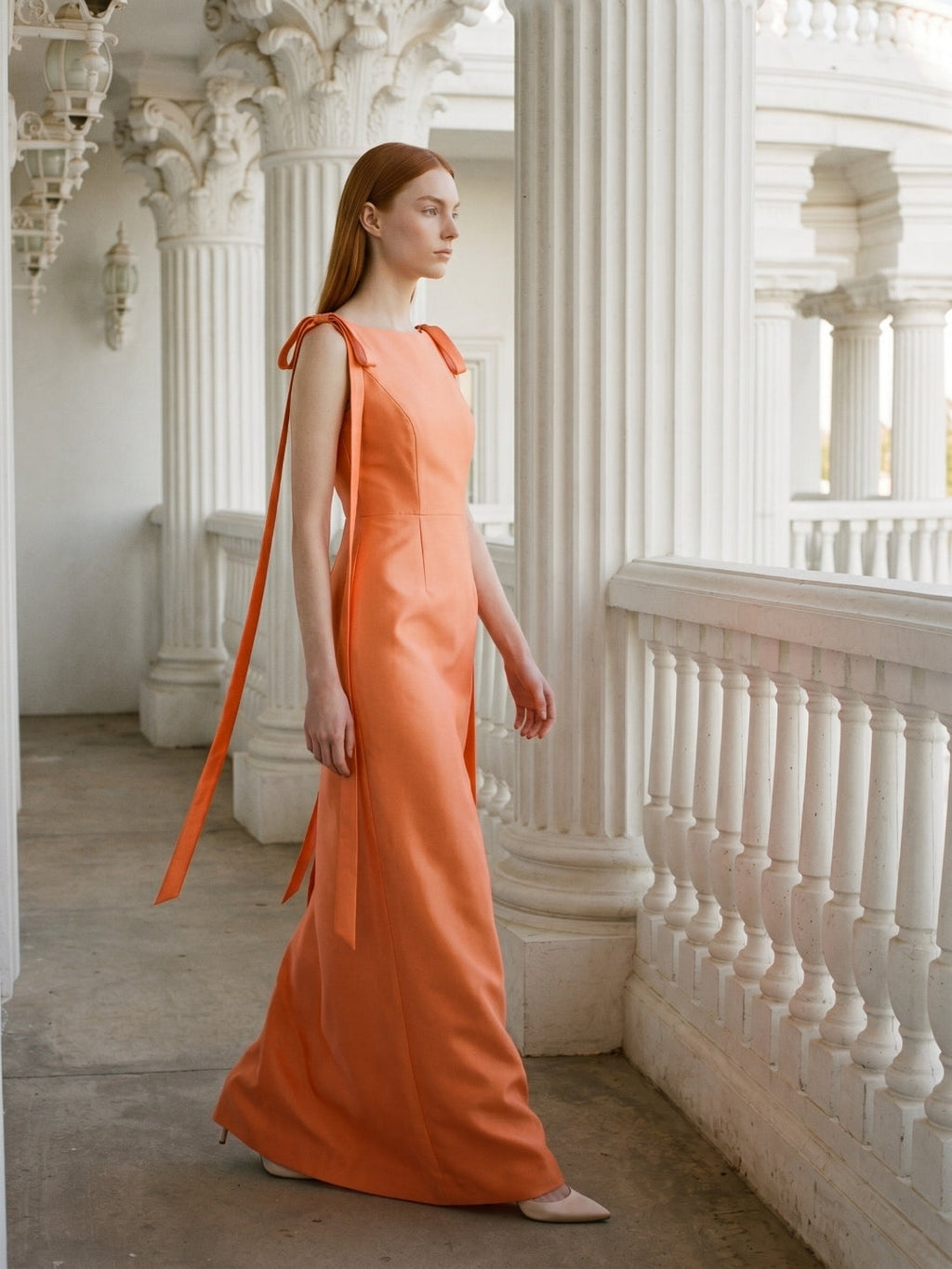 Orange Satin Sheath Straight Neck V-Back Floor-Length Bridesmaid Dress with Bow - Curvevia