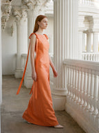 Orange Satin Sheath Straight Neck V-Back Floor-Length Bridesmaid Dress with Bow - Curvevia