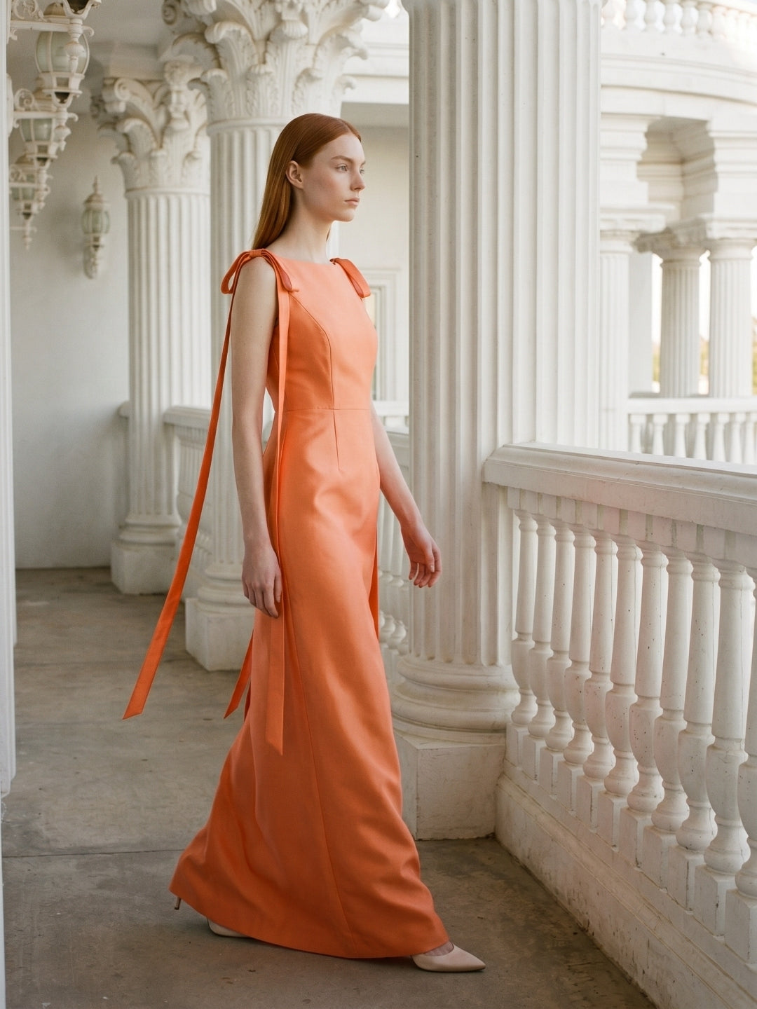 Orange Satin Sheath Straight Neck V-Back Floor-Length Bridesmaid Dress with Bow - Curvevia