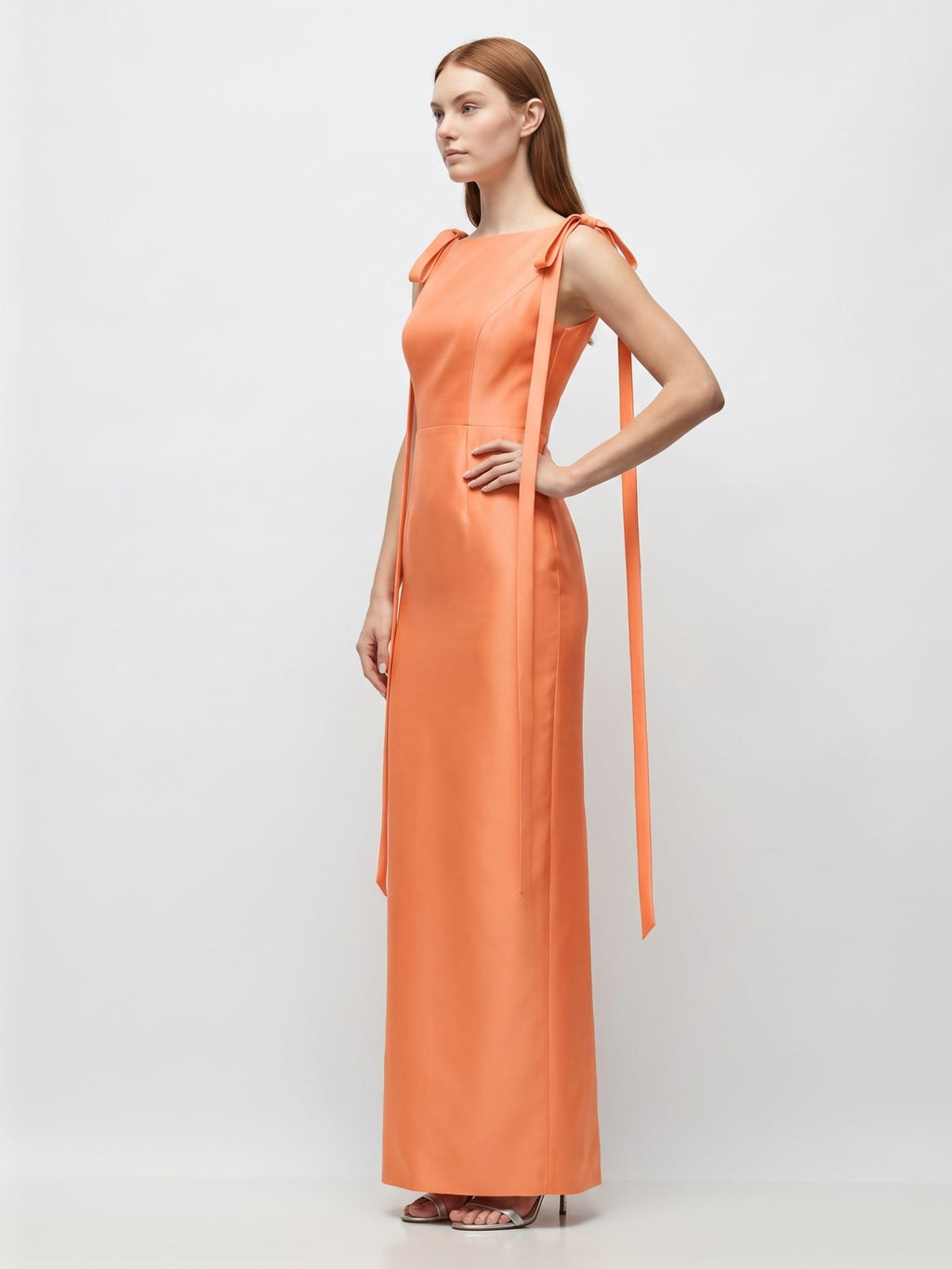 Orange Satin Sheath Straight Neck V-Back Floor-Length Bridesmaid Dress with Bow - Curvevia