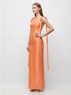 Orange Satin Sheath Straight Neck V-Back Floor-Length Bridesmaid Dress with Bow - Curvevia