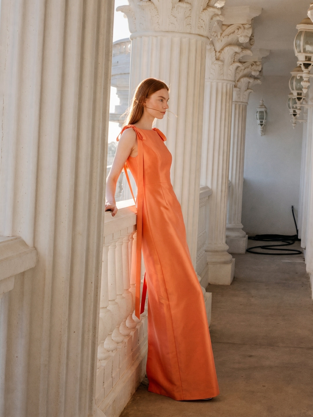 Orange Satin Sheath Straight Neck V-Back Floor-Length Bridesmaid Dress with Bow - Curvevia
