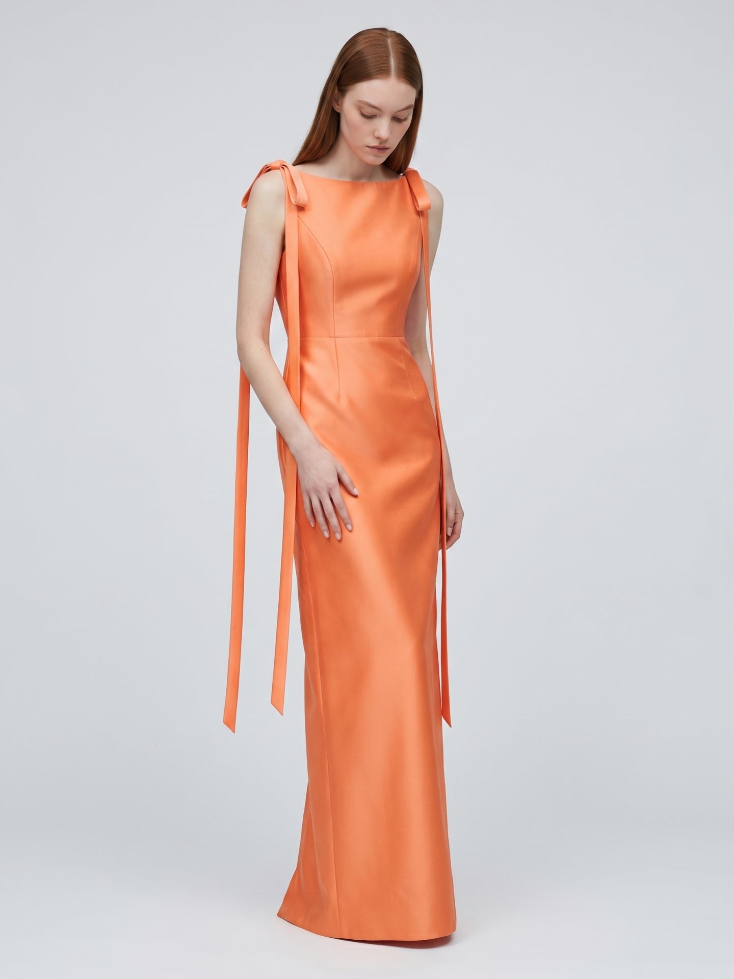 Orange Satin Sheath Straight Neck V-Back Floor-Length Bridesmaid Dress with Bow - Curvevia