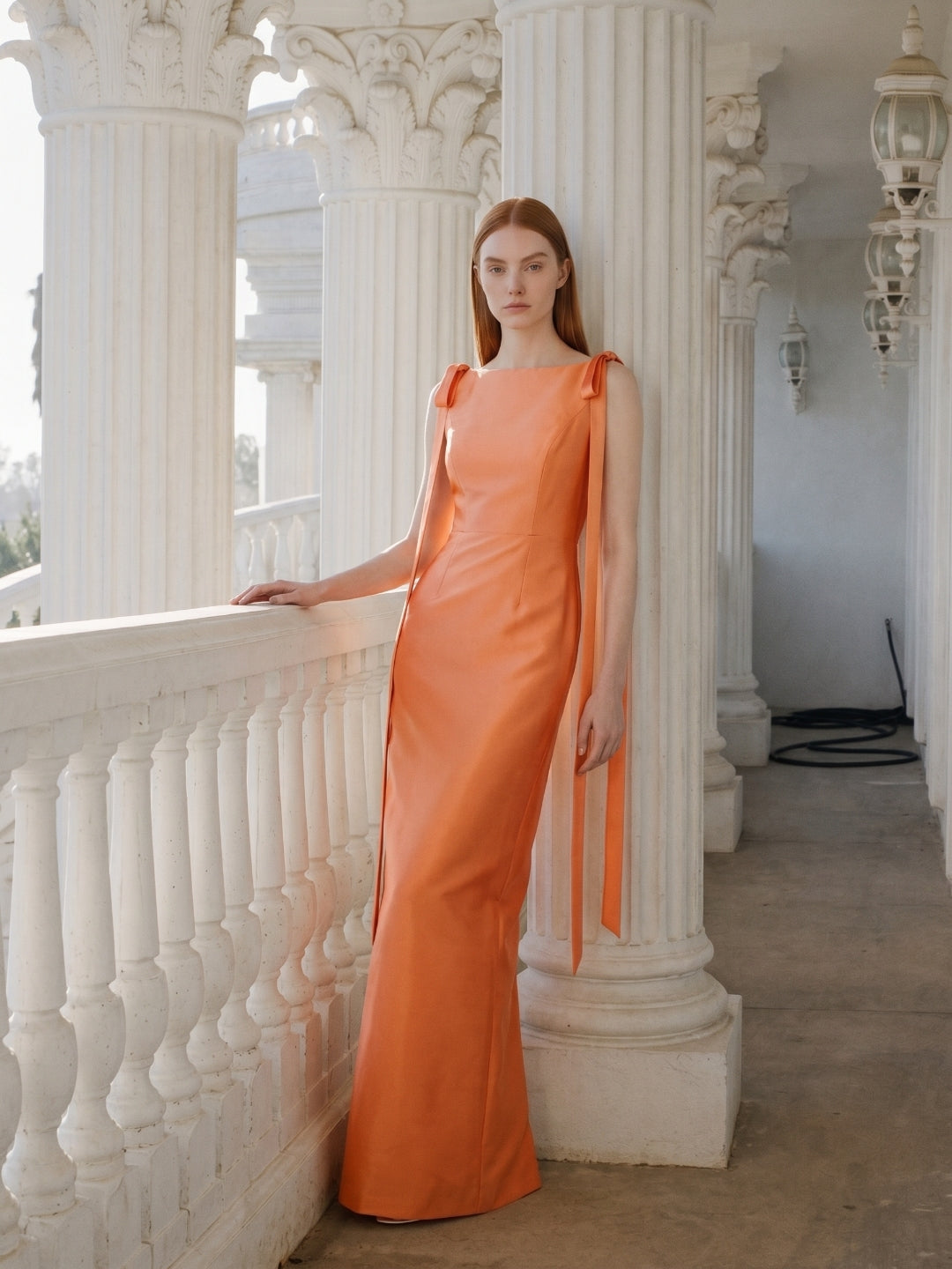 Orange Satin Sheath Straight Neck V-Back Floor-Length Bridesmaid Dress with Bow - Curvevia