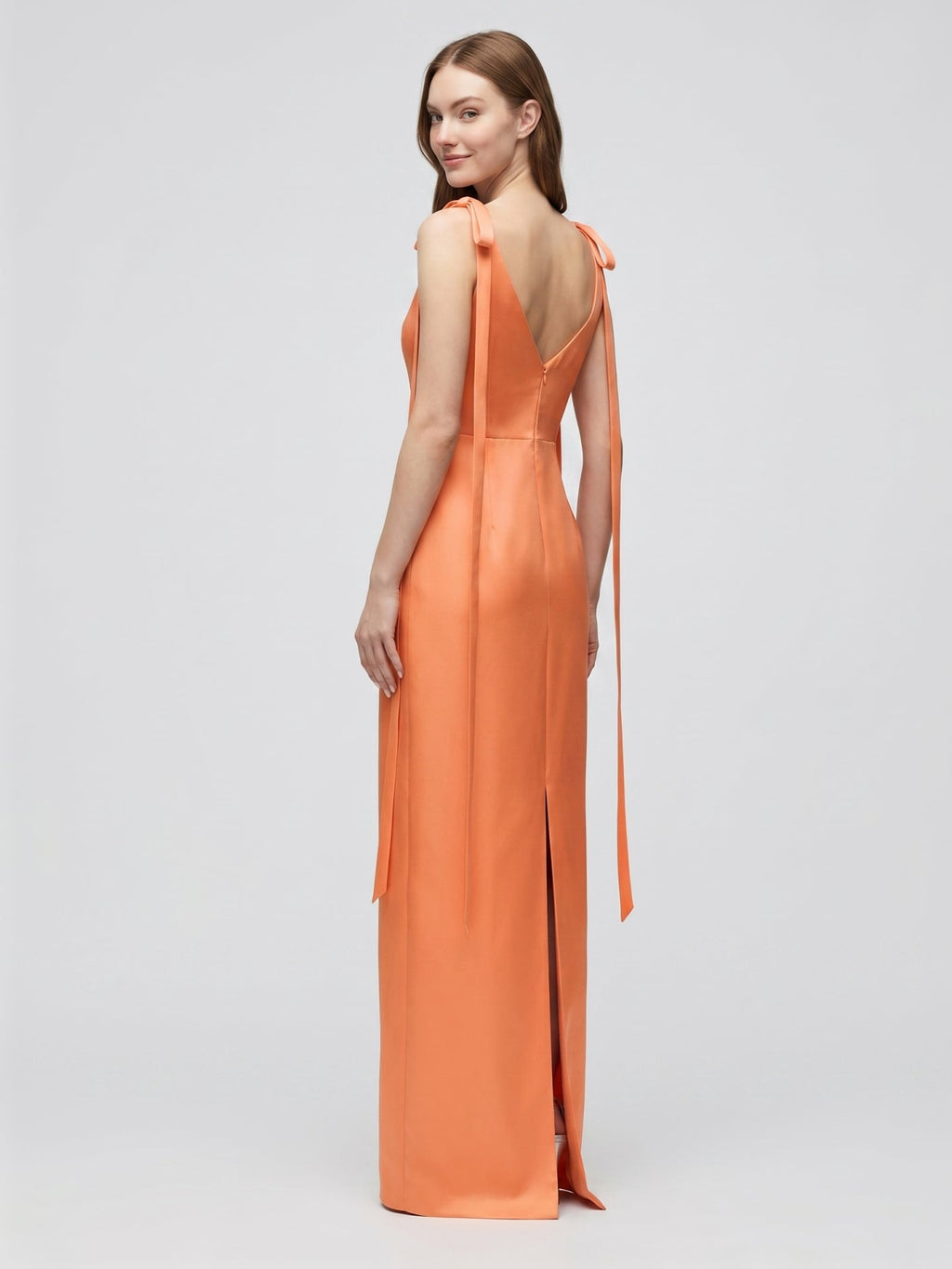 Orange Satin Sheath Straight Neck V-Back Floor-Length Bridesmaid Dress with Bow - Curvevia