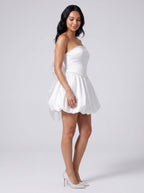 White Satin A-Line Straight Neck Back Zip Short Dress with Pearl Trim - Curvevia