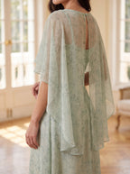 Dusty Sage Chiffon A-Line V-Neck Back Zip Floor-Length Dress with Cape - Curvevia