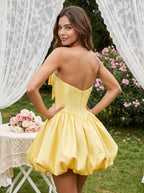 Daffodil Satin A-Line Sweetheart Neck Back Zip Short Dress with Pleated Hem Bow - Curvevia