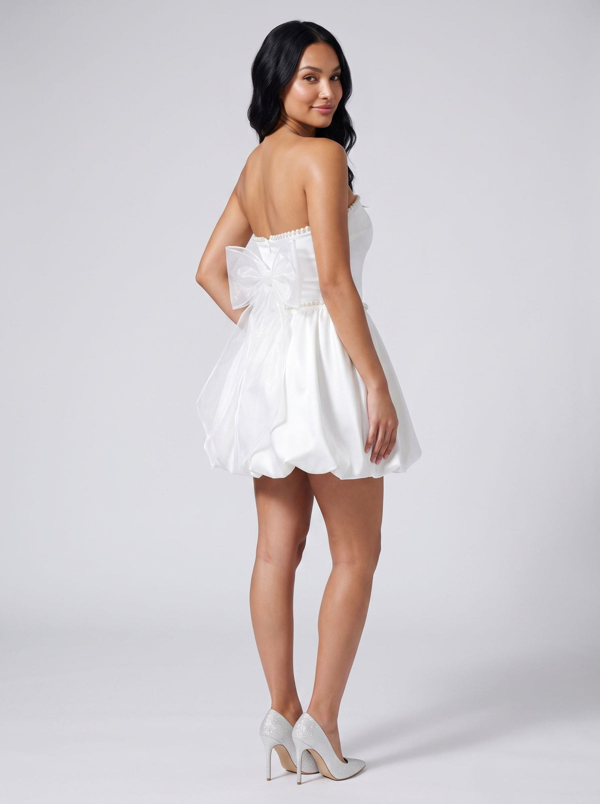 White Satin A-Line Straight Neck Back Zip Short Dress with Pearl Trim - Curvevia