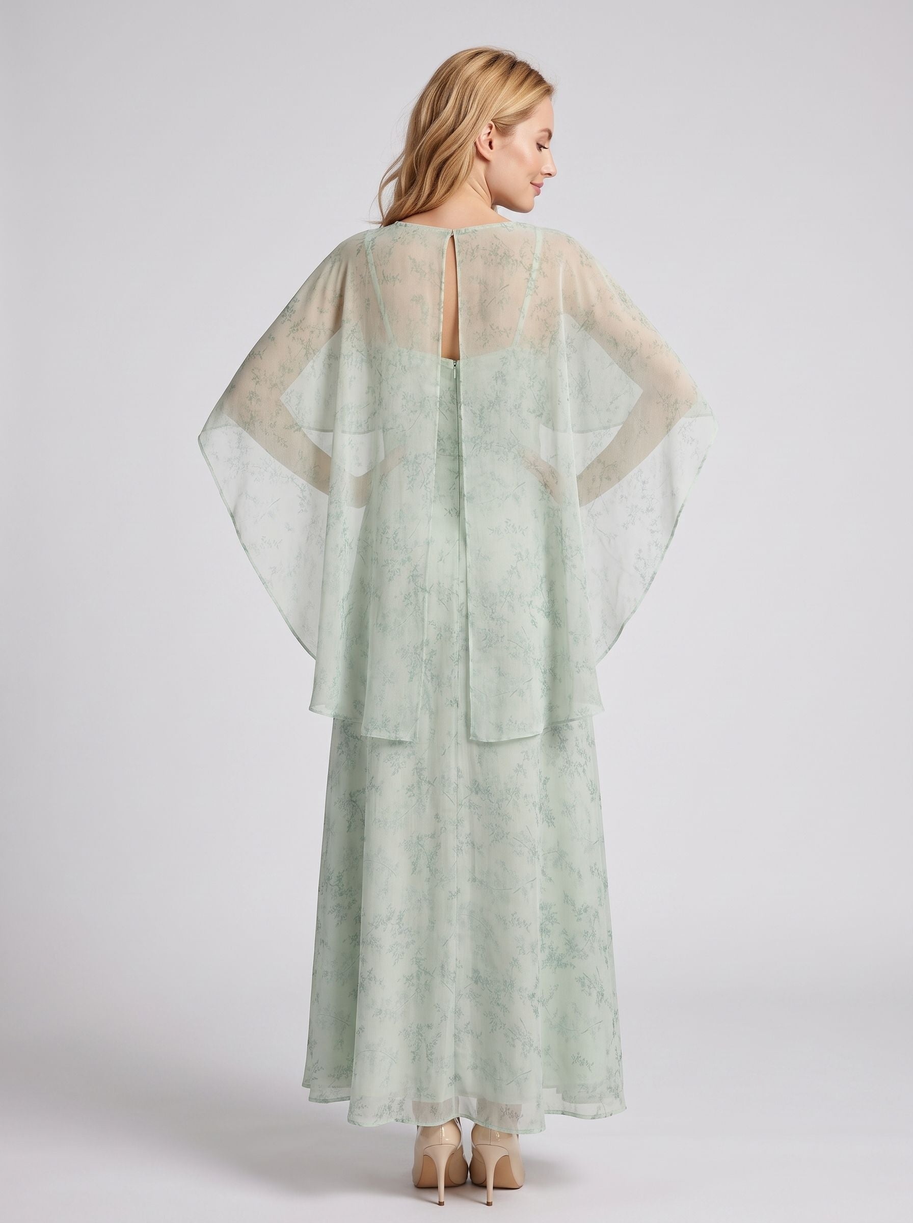 Dusty Sage Chiffon A-Line V-Neck Back Zip Floor-Length Dress with Cape - Curvevia