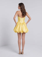 Daffodil Satin A-Line Sweetheart Neck Back Zip Short Dress with Pleated Hem Bow - Curvevia